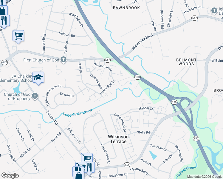 map of restaurants, bars, coffee shops, grocery stores, and more near 6022 Partingdale Circle in Richmond