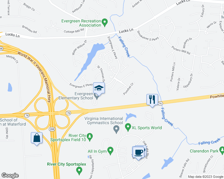 map of restaurants, bars, coffee shops, grocery stores, and more near 12413 Brimfield Lane in Midlothian