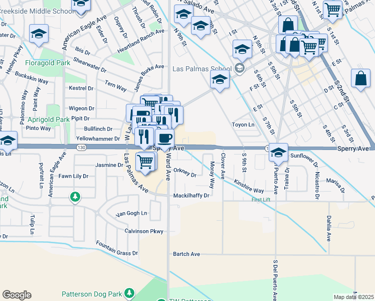 map of restaurants, bars, coffee shops, grocery stores, and more near 505 Tuscany Court in Patterson