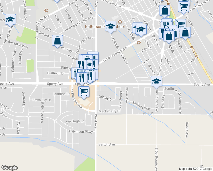 map of restaurants, bars, coffee shops, grocery stores, and more near 505 Tuscany Court in Patterson