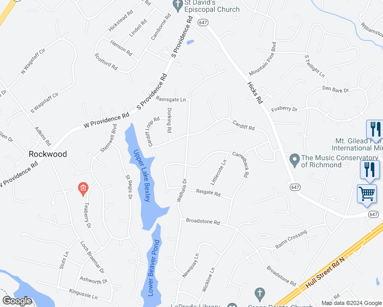 map of restaurants, bars, coffee shops, grocery stores, and more near 2321 Walhala Drive in Richmond
