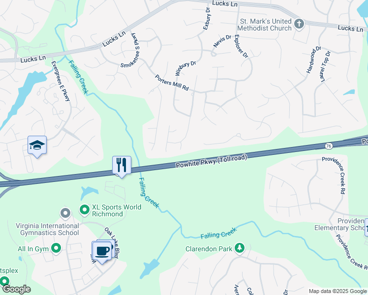 map of restaurants, bars, coffee shops, grocery stores, and more near 2007 Upperbury Court in Midlothian