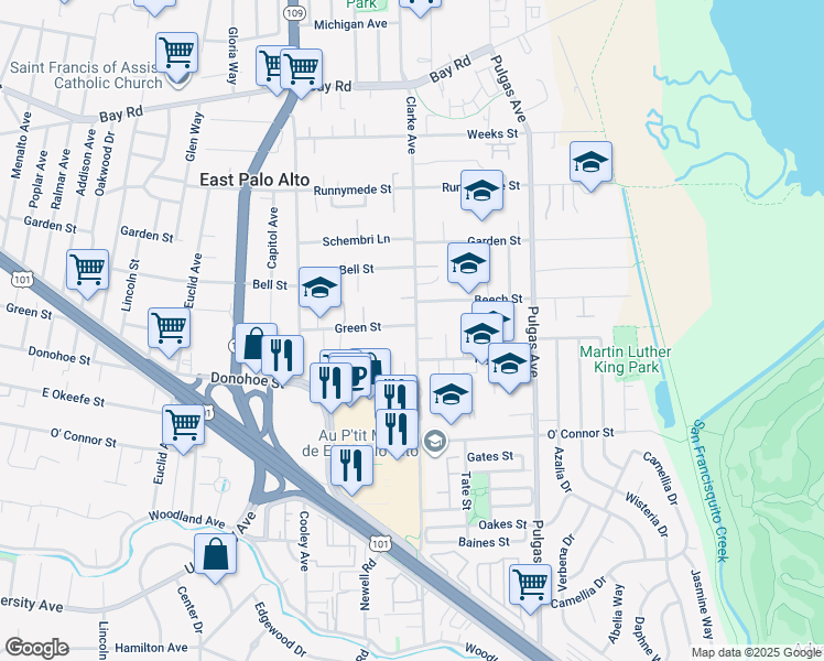 map of restaurants, bars, coffee shops, grocery stores, and more near 896 Green Street in East Palo Alto