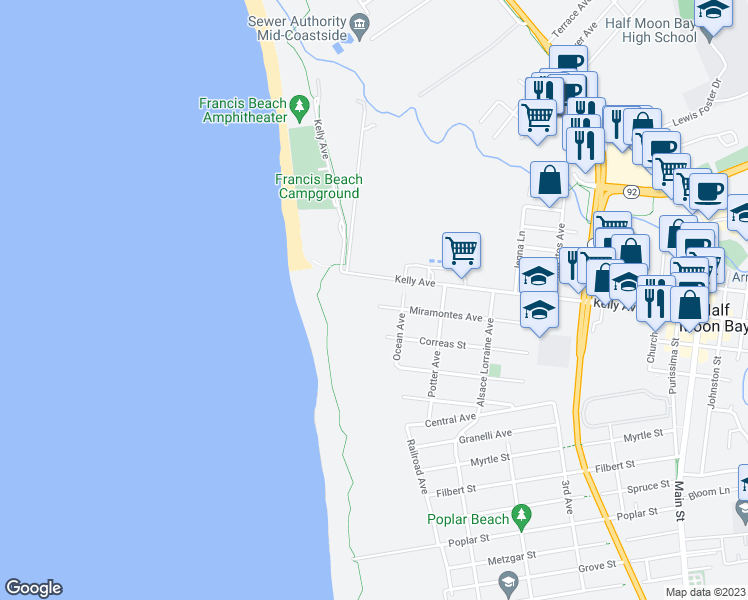 map of restaurants, bars, coffee shops, grocery stores, and more near 149 Miramontes Avenue in Half Moon Bay