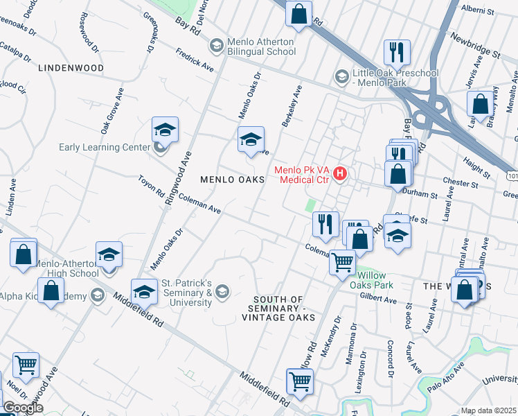 map of restaurants, bars, coffee shops, grocery stores, and more near 520 Berkeley Avenue in Menlo Park