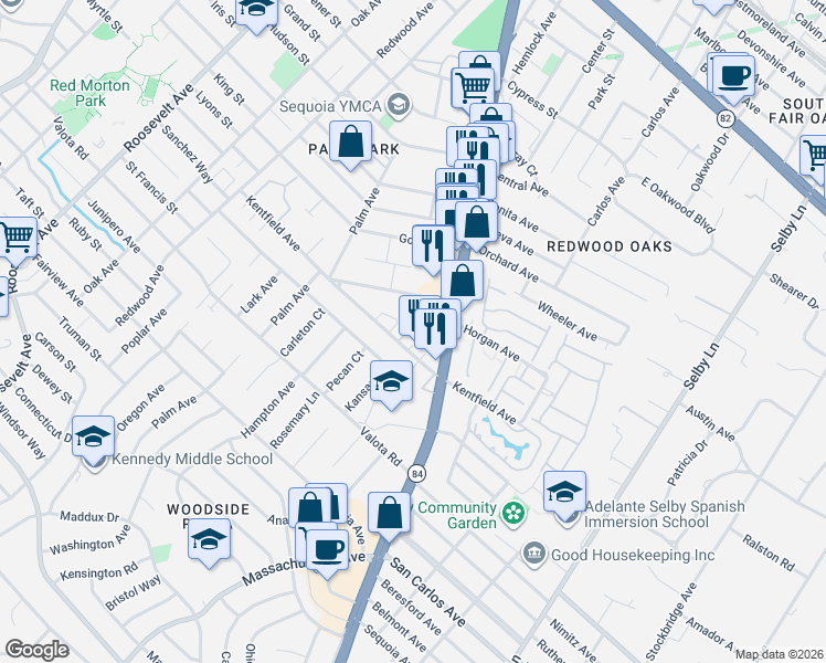 map of restaurants, bars, coffee shops, grocery stores, and more near in Woodside