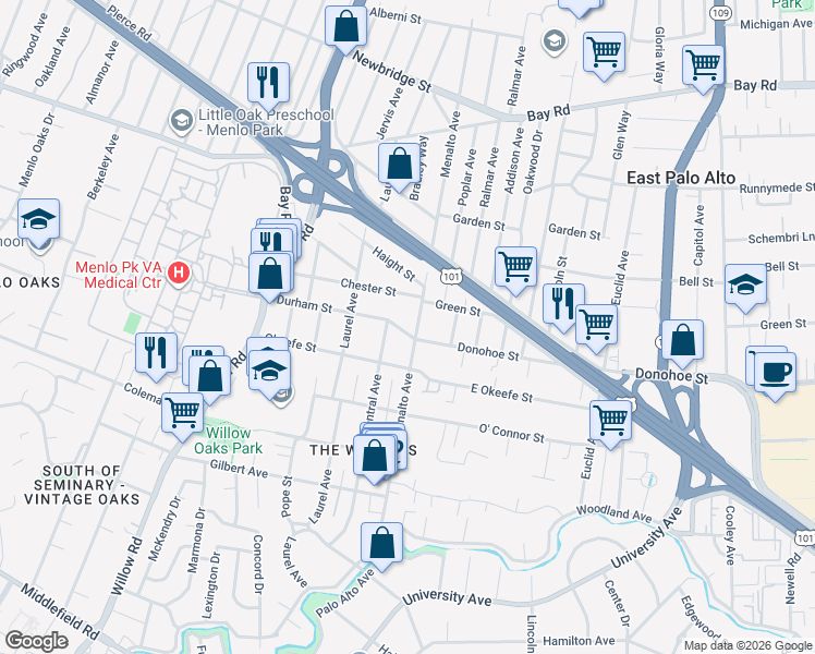 map of restaurants, bars, coffee shops, grocery stores, and more near 108 Durham Street in Menlo Park