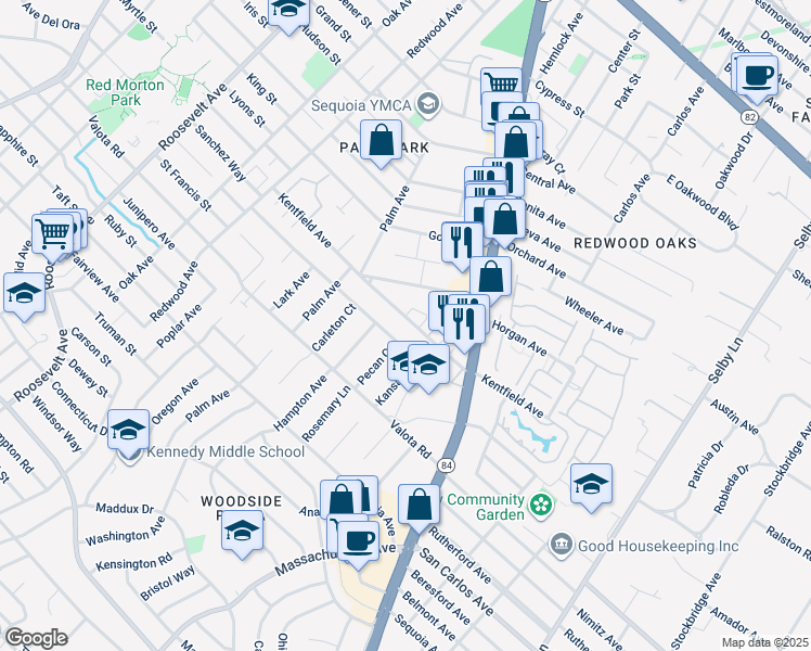 map of restaurants, bars, coffee shops, grocery stores, and more near 1610 Kentfield Avenue in Redwood City
