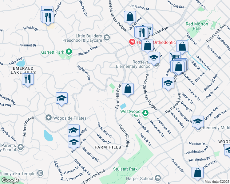map of restaurants, bars, coffee shops, grocery stores, and more near 3530 Farm Hill Boulevard in Redwood City