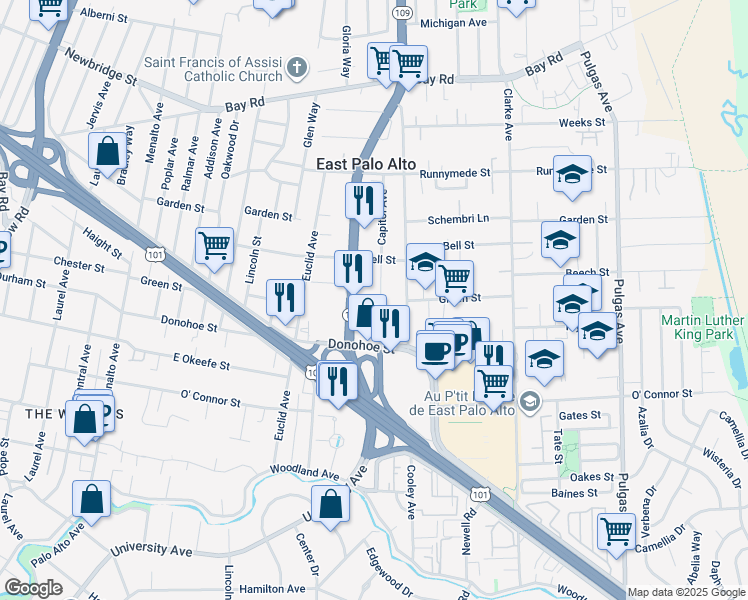 map of restaurants, bars, coffee shops, grocery stores, and more near 2164 Capitol Avenue in East Palo Alto