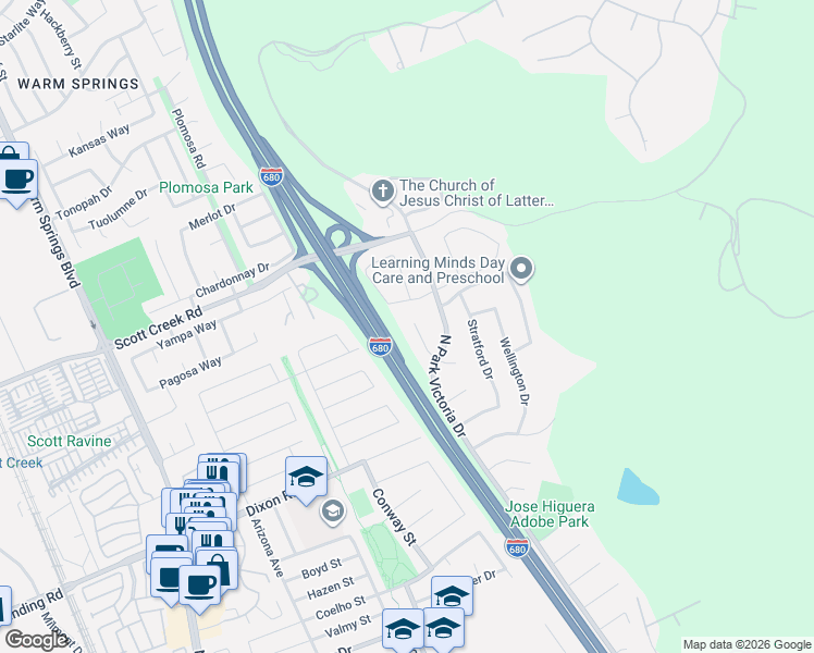 map of restaurants, bars, coffee shops, grocery stores, and more near 2234 Devon Place in Milpitas