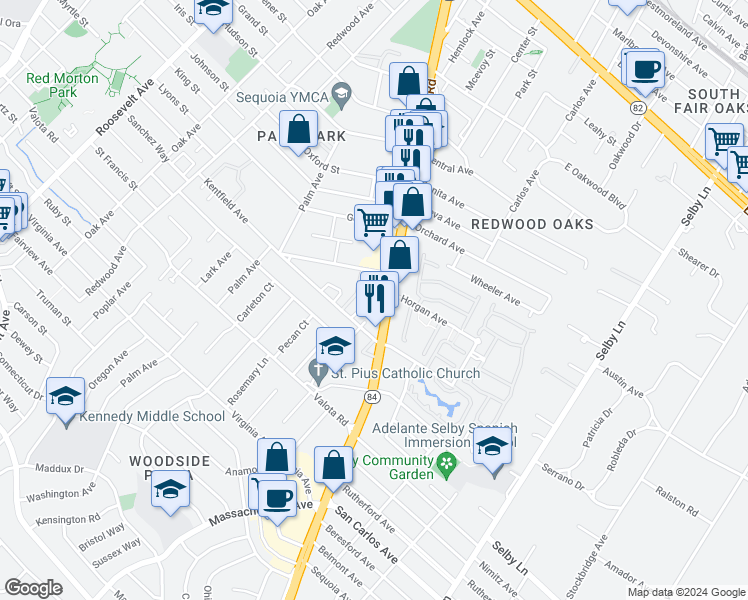 map of restaurants, bars, coffee shops, grocery stores, and more near in Woodside