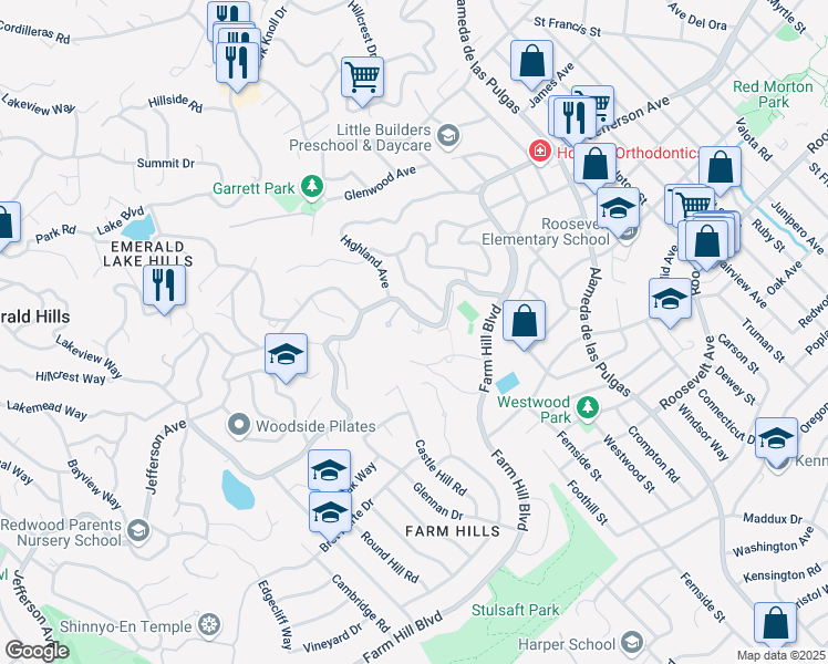 map of restaurants, bars, coffee shops, grocery stores, and more near 3635 Jefferson Avenue in Redwood City