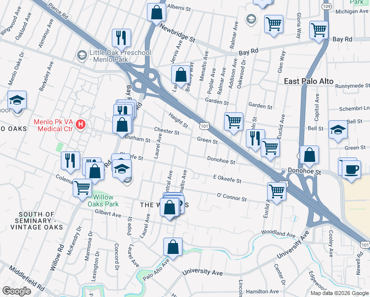map of restaurants, bars, coffee shops, grocery stores, and more near 108 Durham Street in Menlo Park