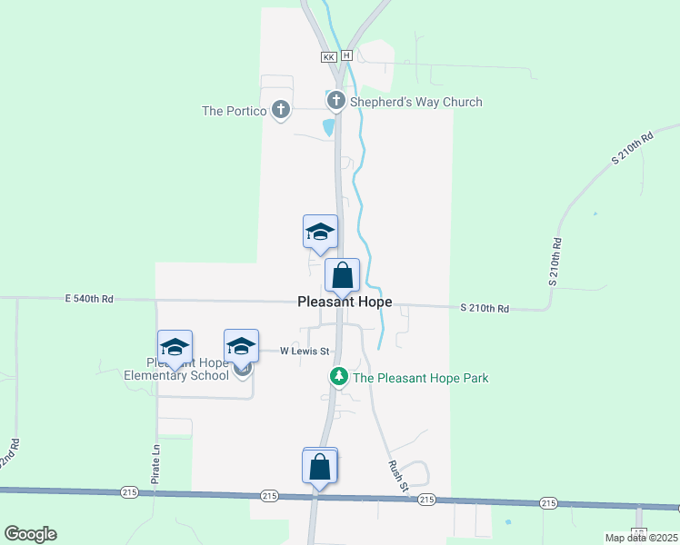 map of restaurants, bars, coffee shops, grocery stores, and more near 303 North Main Street in Pleasant Hope