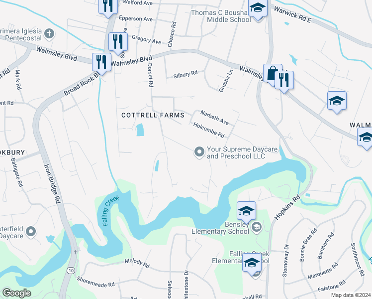 map of restaurants, bars, coffee shops, grocery stores, and more near 4046 Dorset Road in Richmond
