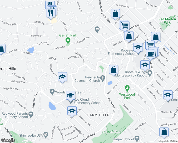 map of restaurants, bars, coffee shops, grocery stores, and more near 3635 Jefferson Avenue in Redwood City