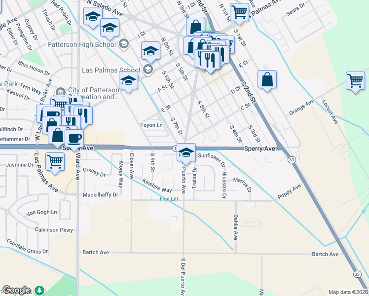 map of restaurants, bars, coffee shops, grocery stores, and more near Sperry Avenue & South Del Puerto Avenue in Patterson