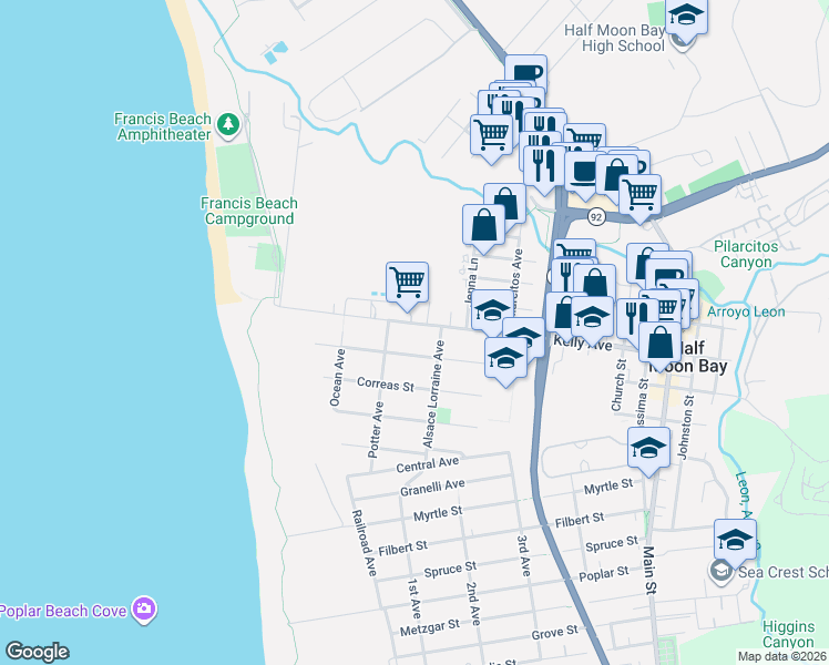 map of restaurants, bars, coffee shops, grocery stores, and more near 331 Miramontes Avenue in Half Moon Bay