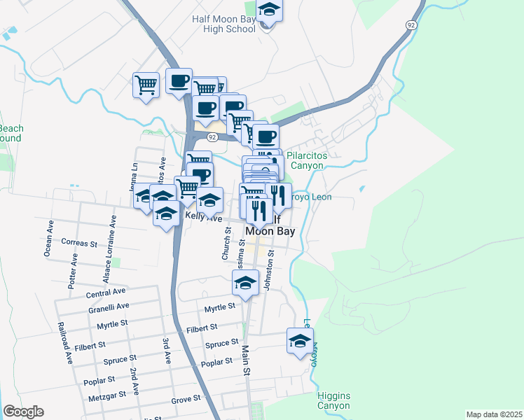 map of restaurants, bars, coffee shops, grocery stores, and more near in Half Moon Bay