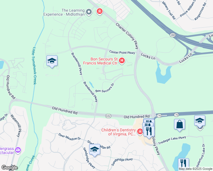 map of restaurants, bars, coffee shops, grocery stores, and more near 13800 Bon Secours Drive in Midlothian