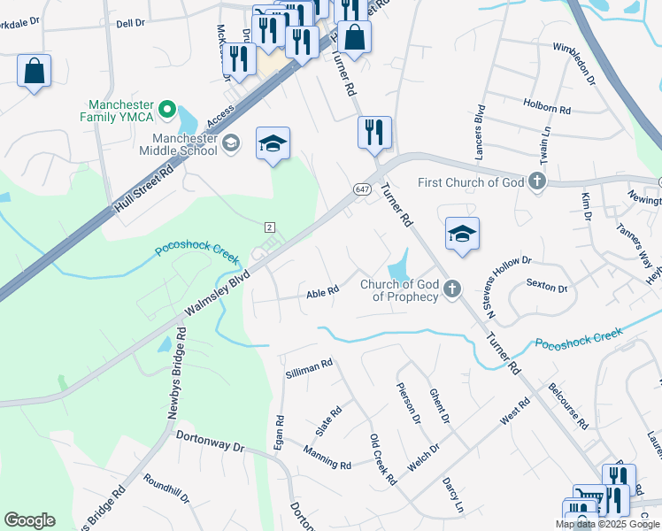 map of restaurants, bars, coffee shops, grocery stores, and more near 6814 Able Road in Chesterfield