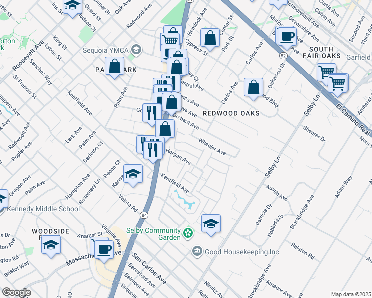 map of restaurants, bars, coffee shops, grocery stores, and more near 126 Danbury Lane in Redwood City