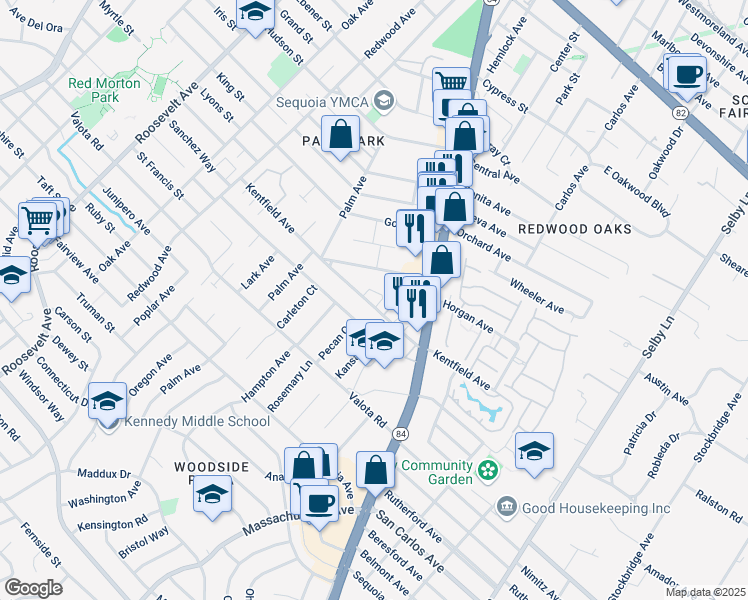 map of restaurants, bars, coffee shops, grocery stores, and more near 1601 Kentfield Avenue in Redwood City
