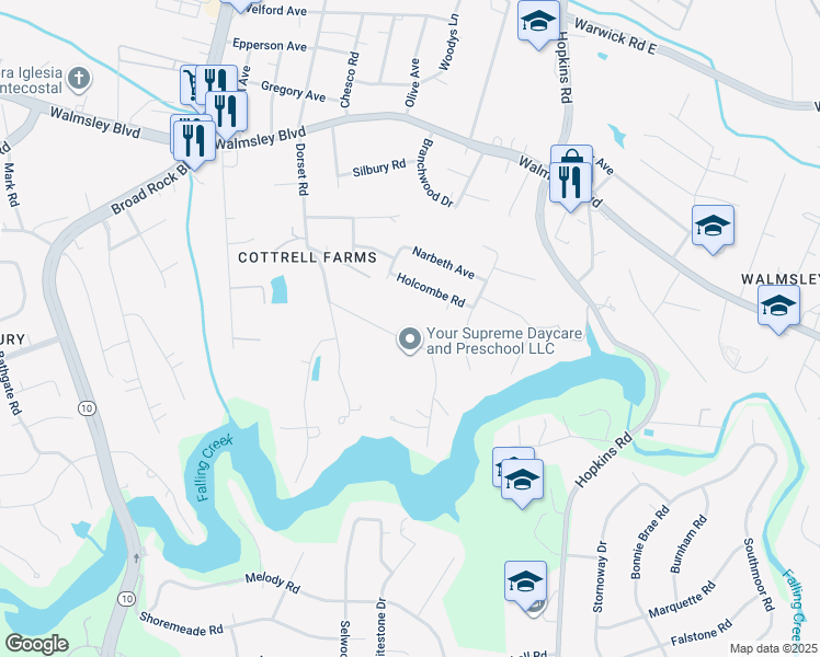 map of restaurants, bars, coffee shops, grocery stores, and more near 4107 Dorset Road in Richmond