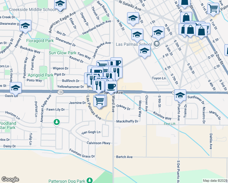 map of restaurants, bars, coffee shops, grocery stores, and more near 1060 Sperry Avenue in Patterson