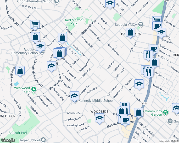 map of restaurants, bars, coffee shops, grocery stores, and more near 1332 Virginia Avenue in Redwood City