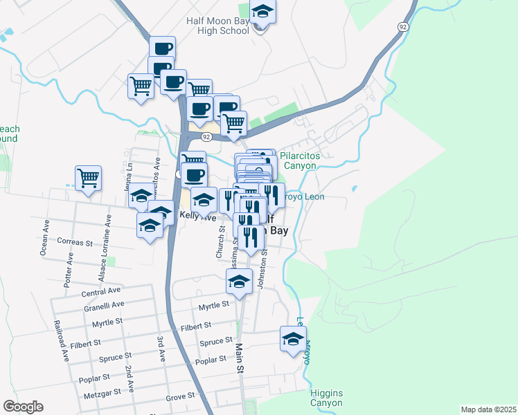 map of restaurants, bars, coffee shops, grocery stores, and more near 401 Main Street in Half Moon Bay