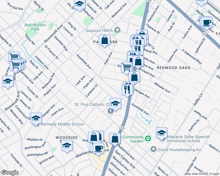 map of restaurants, bars, coffee shops, grocery stores, and more near 1586 Kentfield Avenue in Redwood City