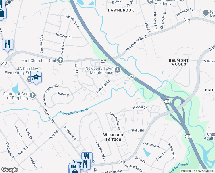 map of restaurants, bars, coffee shops, grocery stores, and more near 3208 South Battlebridge Drive in Richmond