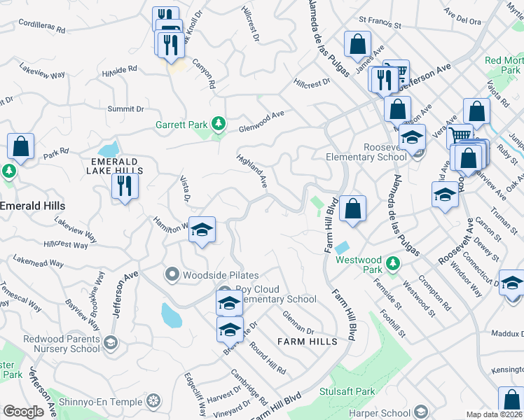 map of restaurants, bars, coffee shops, grocery stores, and more near 3647 Jefferson Avenue in Redwood City