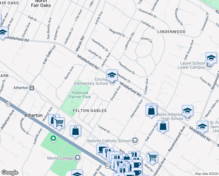 map of restaurants, bars, coffee shops, grocery stores, and more near 181 Encinal Avenue in Atherton