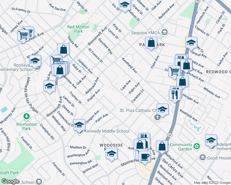 map of restaurants, bars, coffee shops, grocery stores, and more near 1457 Bonnie Court in Redwood City