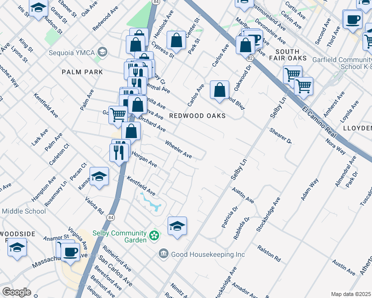 map of restaurants, bars, coffee shops, grocery stores, and more near 201 Yarborough Lane in Redwood City