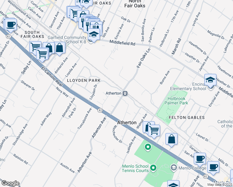 map of restaurants, bars, coffee shops, grocery stores, and more near 89 Fair Oaks Lane in Atherton