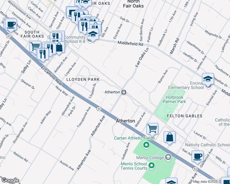 map of restaurants, bars, coffee shops, grocery stores, and more near 89 Fair Oaks Lane in Atherton