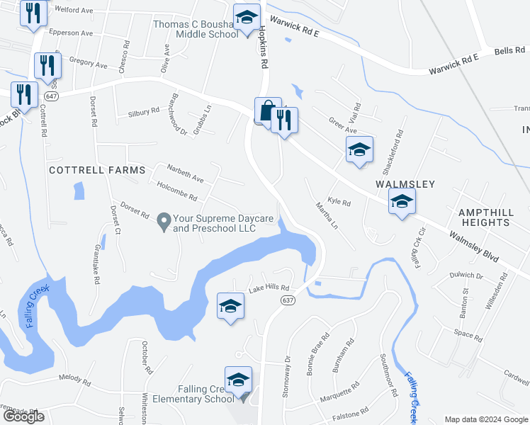 map of restaurants, bars, coffee shops, grocery stores, and more near 3810 Collier Hill Road in Richmond