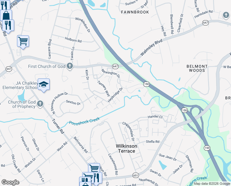 map of restaurants, bars, coffee shops, grocery stores, and more near 6100 Heybridge Court in Richmond