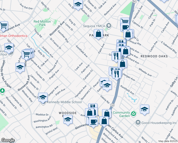 map of restaurants, bars, coffee shops, grocery stores, and more near 1628 Carleton Court in Redwood City