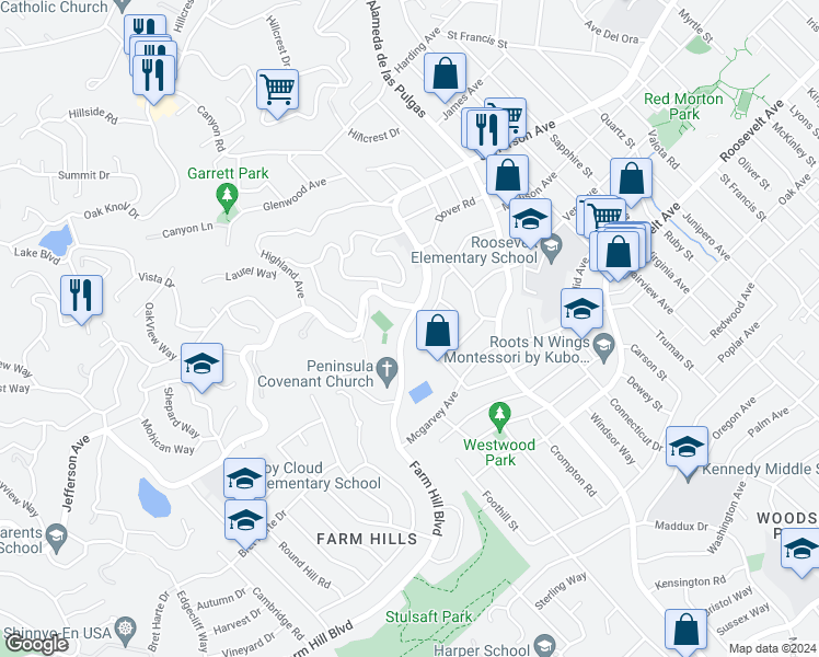map of restaurants, bars, coffee shops, grocery stores, and more near 3530 Farm Hill Boulevard in Redwood City