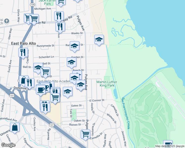 map of restaurants, bars, coffee shops, grocery stores, and more near 1168 Beech Street in East Palo Alto