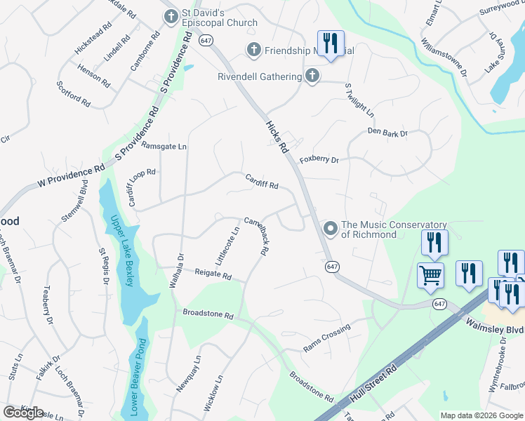 map of restaurants, bars, coffee shops, grocery stores, and more near 2509 Camelback Road in Richmond