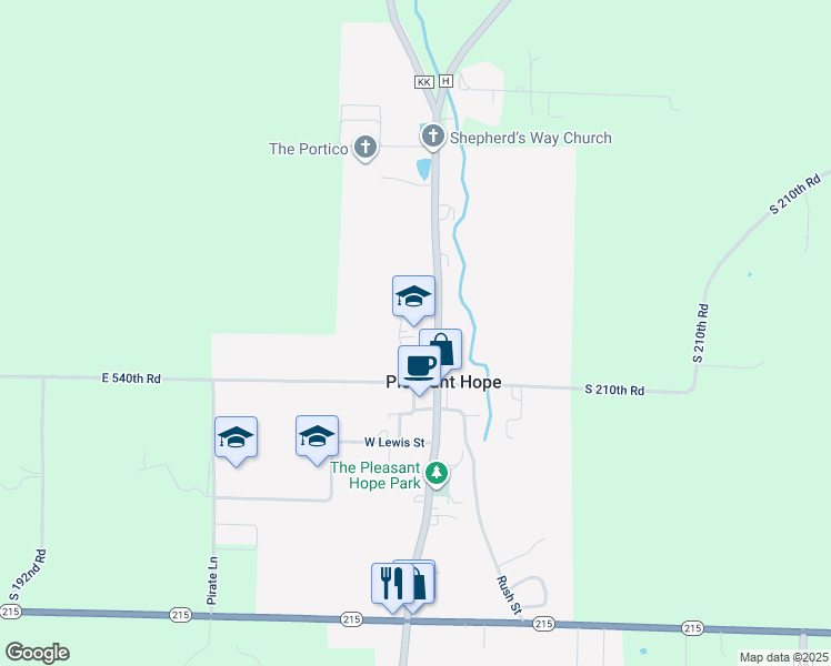 map of restaurants, bars, coffee shops, grocery stores, and more near 303 North Main Street in Pleasant Hope