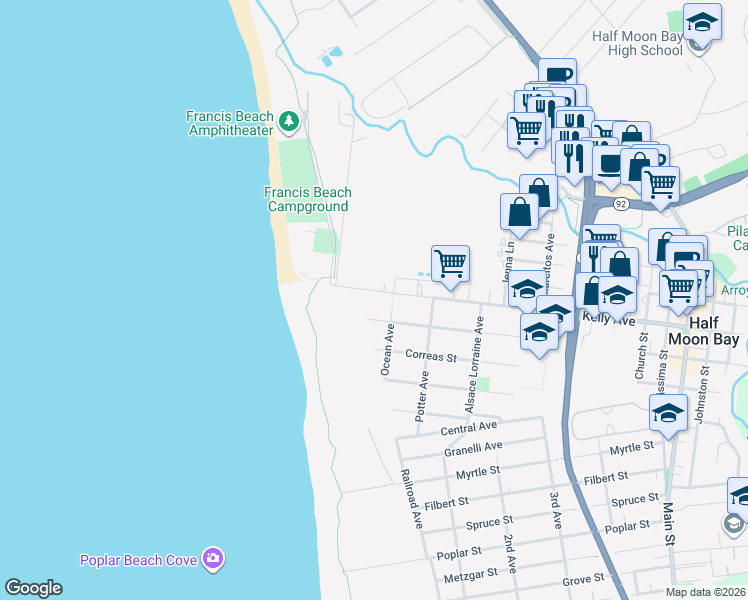 map of restaurants, bars, coffee shops, grocery stores, and more near 149 Miramontes Avenue in Half Moon Bay