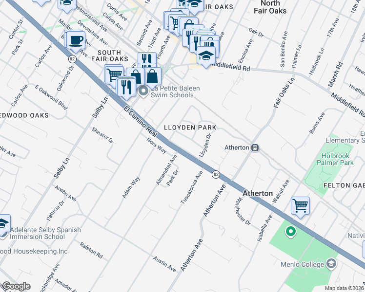 map of restaurants, bars, coffee shops, grocery stores, and more near 343 Lloyden Park Lane in Atherton