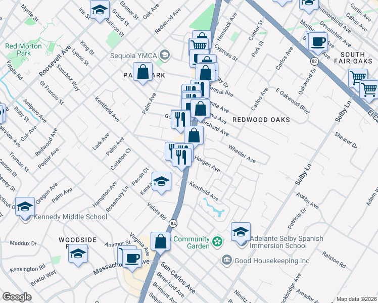 map of restaurants, bars, coffee shops, grocery stores, and more near 2 Woodside Road in Redwood City